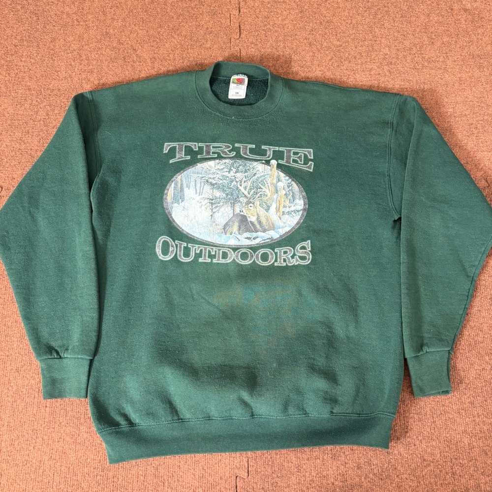 Vintage Fruit of the Loom True Outdoors Deer Sweatshirt Mens XL Green Hunting B+